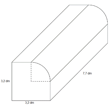 Rett firkantet prisme med kvadratisk bunn, der en kvart prisme er erstattet med en kvartsylinder med radius lik halve sida i kvadratet. Kvadratet har sidekant 3,2 dm og figuren har høyde 7,7 dm